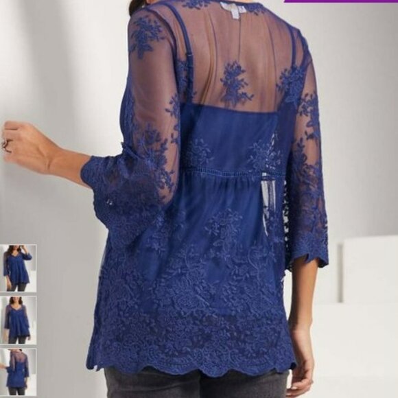 Slate Floral Lace-Overlay Button-Front Empire-Waist Tunic, NWT, 1X - Picture 2 of 8